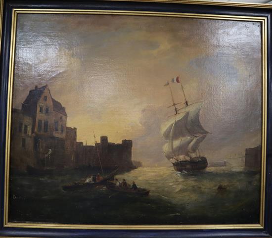 French School (19th century), oil on canvas, Sailing ships putting into harbour, 62 x 75cm